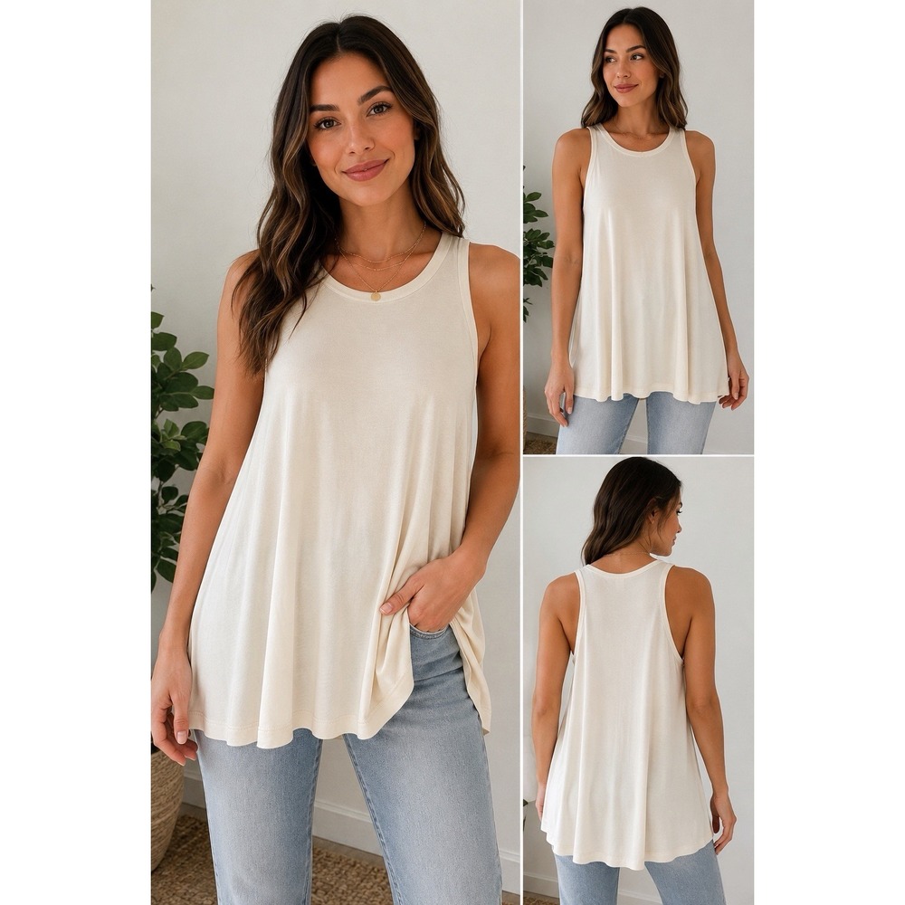 MTS Women's Ivory Longline Tank Top Flowy Tunic  Small Boho Oversized Made In US